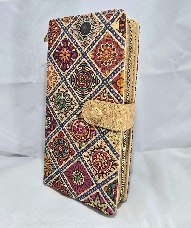 Grand porte-monnaie rect. en liège naturel et imprimé carrés colorés