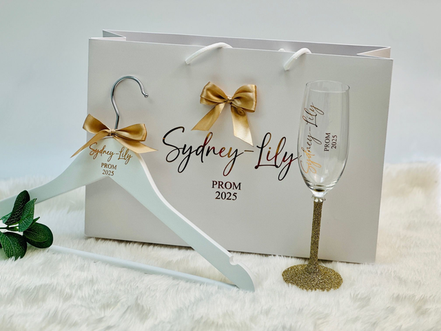 Personalised Prom Set: Glitter Stemmed Prosecco Glass, Hanger and Gift Bag