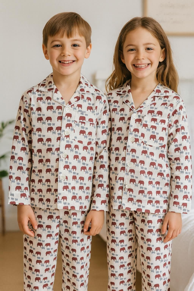 Pyjama enfant  100% cotton beige et bordeaux