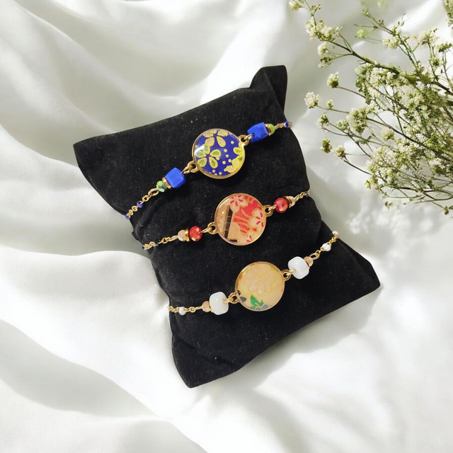 bracelet acier inoxydable motifs japonais blanc beige et doré