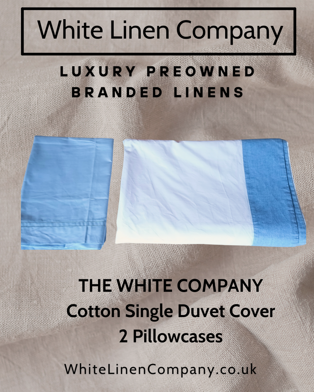 The White Company - Single 100% Cotton Duvet Cover with Pale Blue Trim - 2 Pillowcases