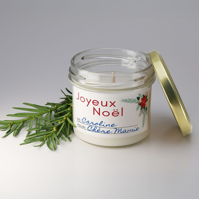Bougie artisanale parfumée en cire de soja avec étiquette personnalisée - Cadeau pour Noël, Nouvel An, Fêtes de fin d'année, 100g (CJN04)