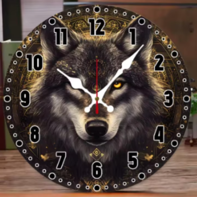 Ronde wandklok van hout Mythische Wolf (25cm)