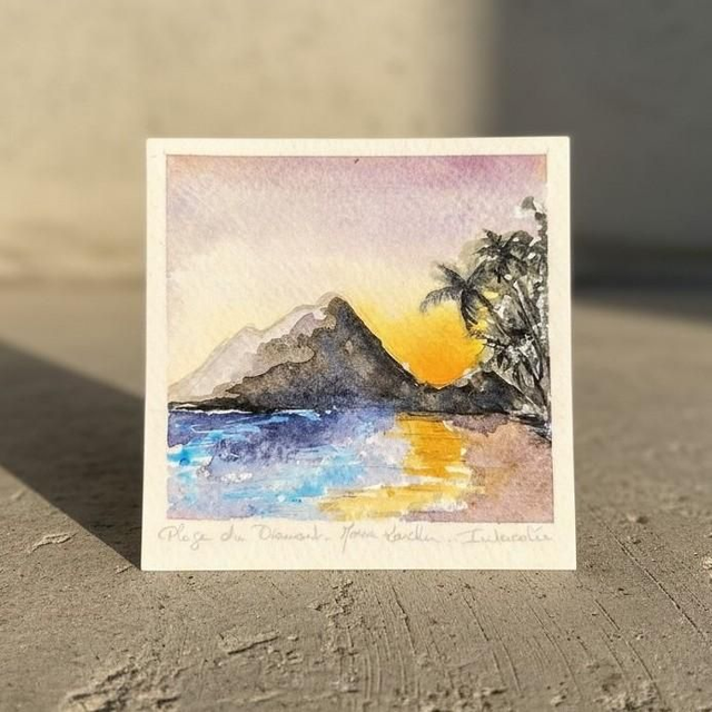 Aquarelle mini - Plage du Diamant et Morne Larcher - Martinique 