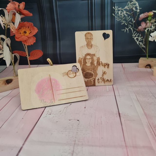 Carte postale en bois - gravé avec photo cadeau maman, papa, mamie