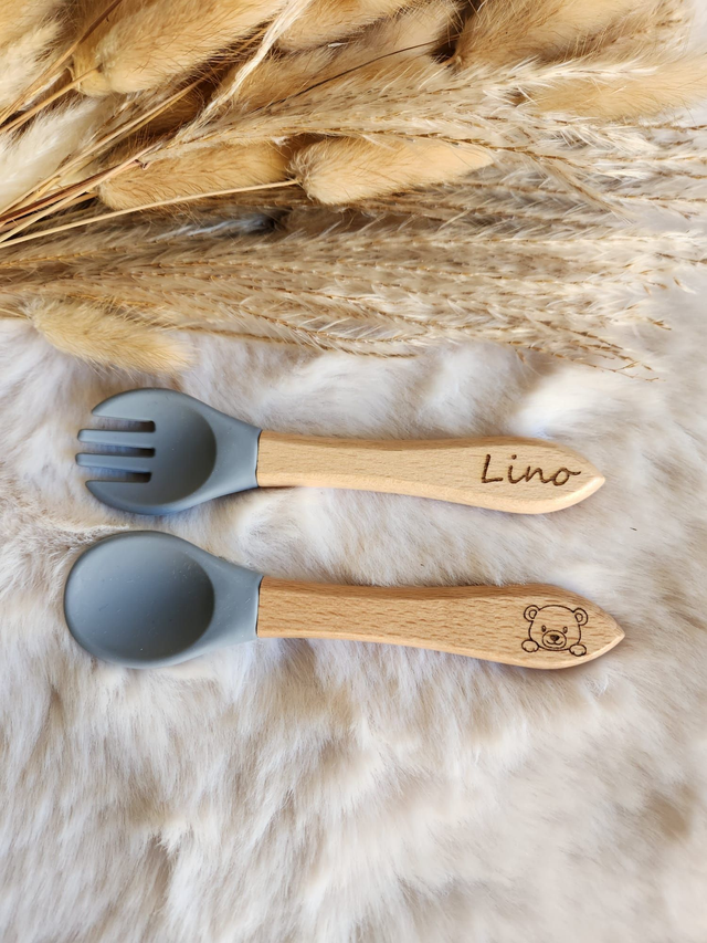 Couverts bébés en bois &amp; silicone personnalisés