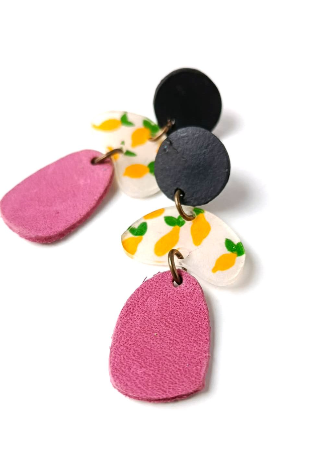 Boucles d'Oreilles Inspiration Années 70 - Chutes de CUIRS, Chambre à Air et PLASTIQUE FOU - Citrons - Pièces Artisanales et Uniques 