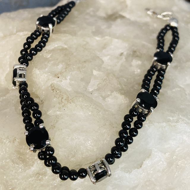 Black Obsidian Gemstone Beaded Bracelet in Sterling Silver