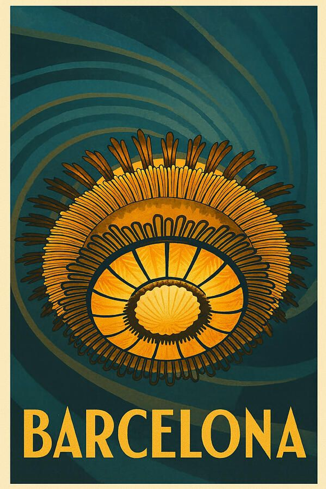 Póster de viaje vintage Lámpara de araña de la Casa Batlló de Barcelona