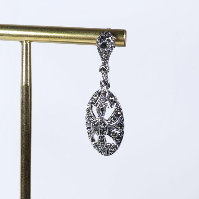 Pair of Elegant Sterling Silver 925 Art Deco Style Marcasite Gemstone Ornate Oval Shield Design Drop Dangle Earrings