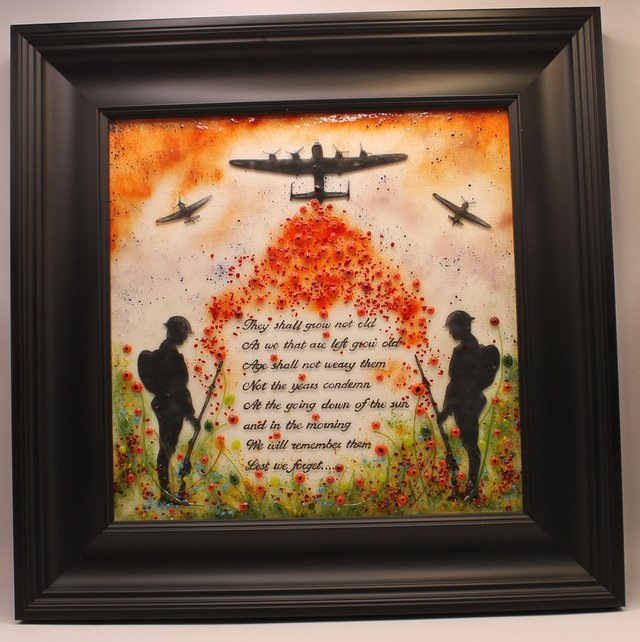 16" x 16" Framed 'Lest we Forget' Fused Glass Artwork