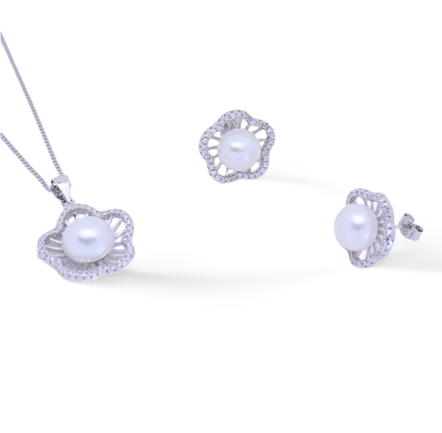 Blütenzauber in Silber – Lilly - Perlen-Schmuckset mit Zirkonia & Süßwasserperlen