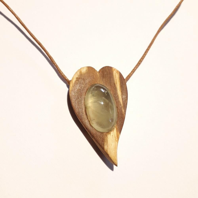 Prehnite Hearth Necklace With Hand Carved Palo Santo Wood