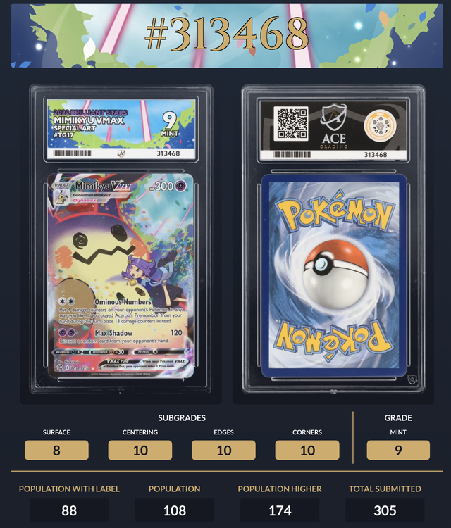 Ace (Gem Mint 10) Mimikyu VMAX Special Art 2022 Brilliant stars