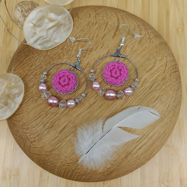 Parure rose et argentée - Boucles d&#039;oreille roses et argentées type créoles