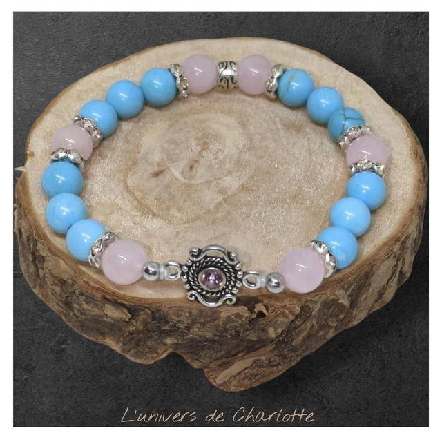 Bracelet "Turquoise* &amp; Quartz rose" 8mm BR-146
