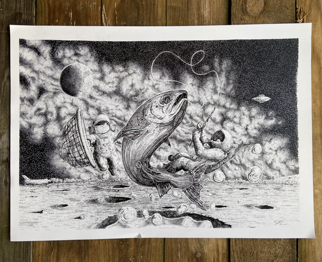 Astronauts fishing on the moon 