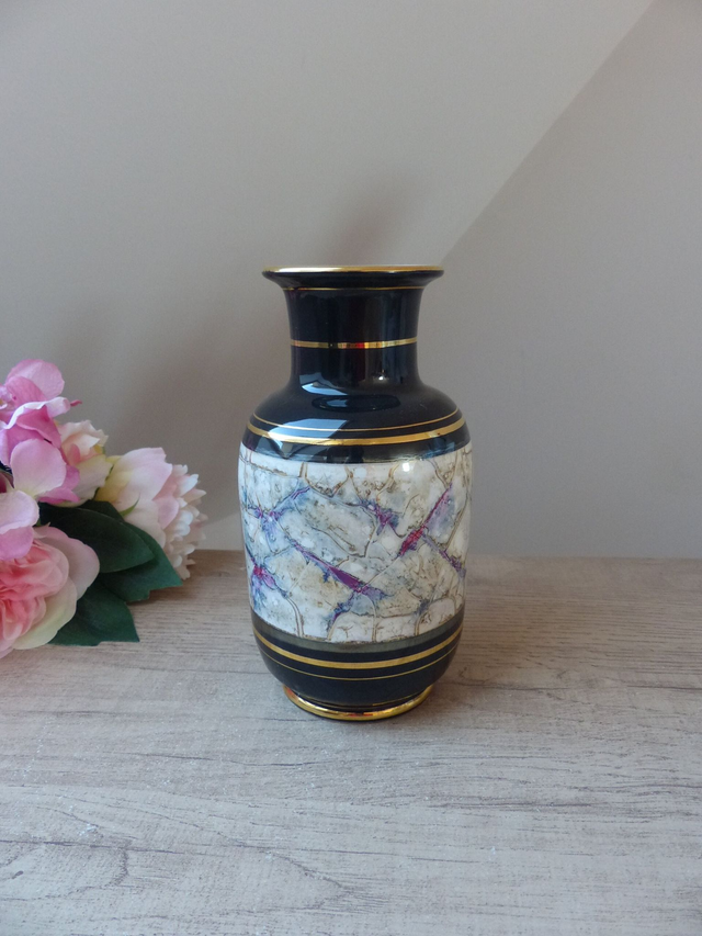 Vase vintage noir et doré en céramique marbrée – style oriental art déco – décoration élégante, pièce numérotée, cadeau pour amateur d’art