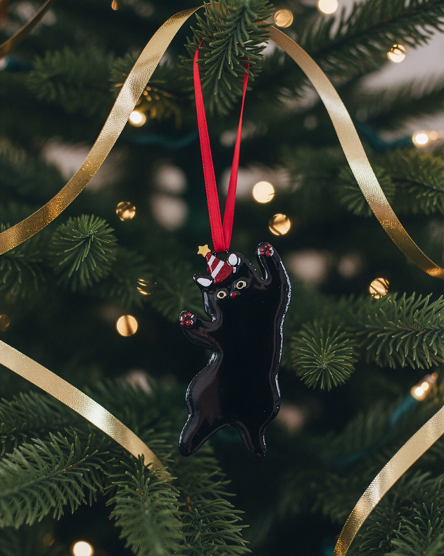 Handmade Climbing Cat Ornament | Black cat Christmas Decoration for Cat Lovers  