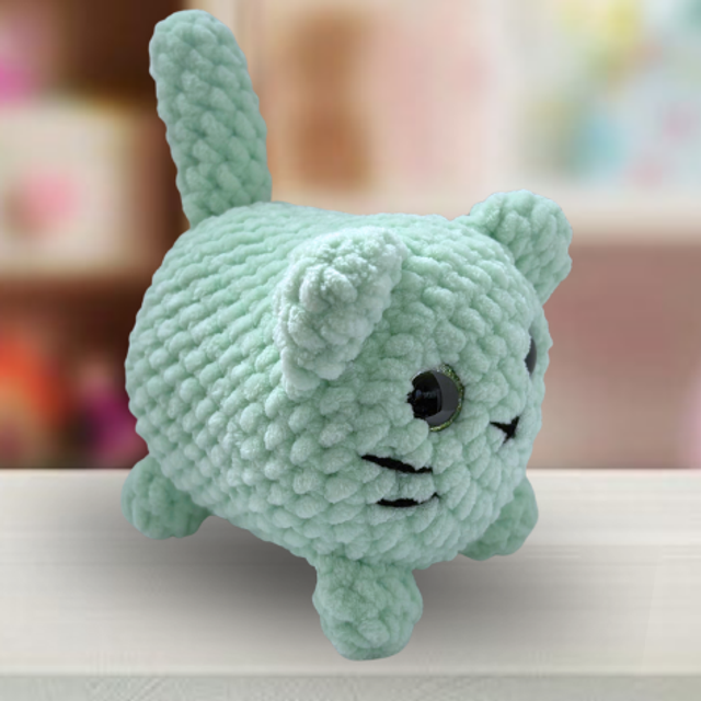 Crochet Chenille Loaf Cat, Mint Green, Glitter Eyes, ukca Tested