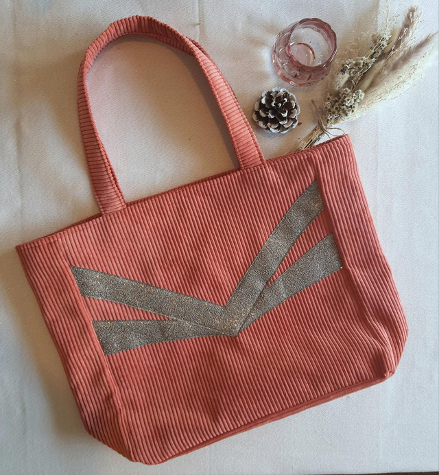 Sac cabas velours côtelé corail