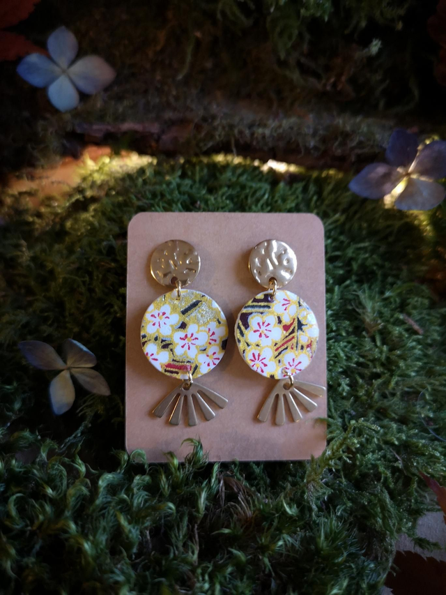 Boucles d'oreilles - puces - papier washi - fleurs de prunier - éventail - La&Titia 