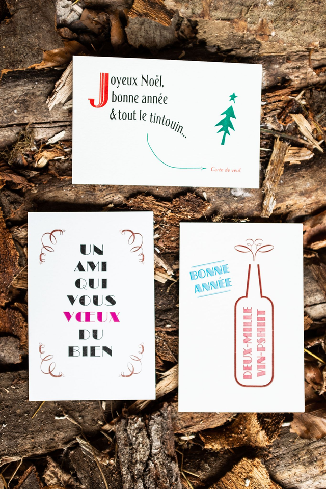 Trois cartes de vœux, impression typo, trois couleurs.