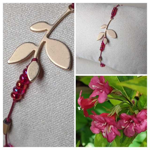 Bracelet feuille et verre rose fuchsia réglable 