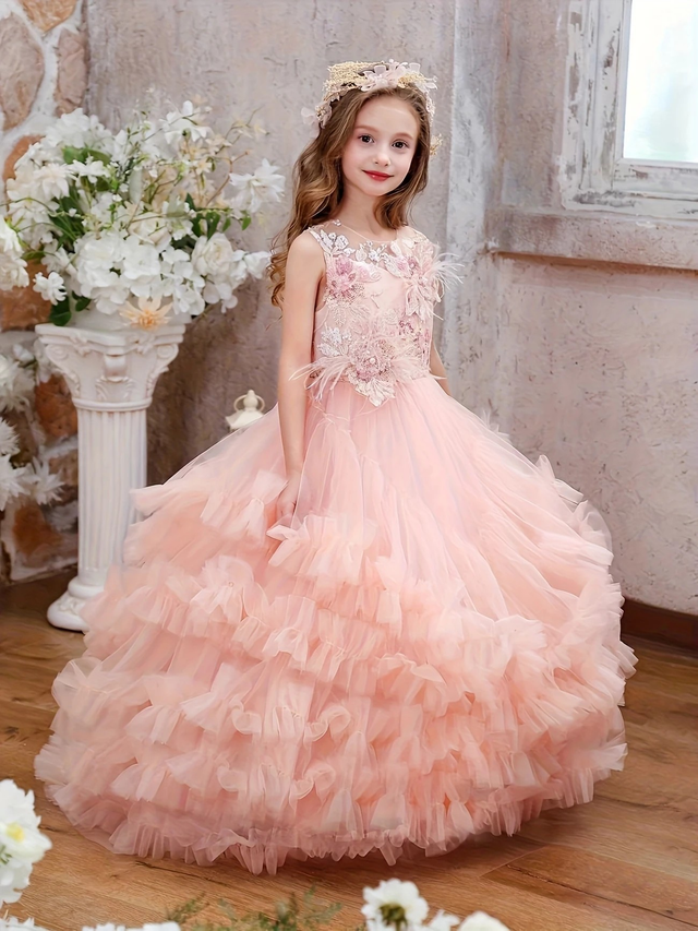 Girl Elegant Floral Embroidered Flower Gown