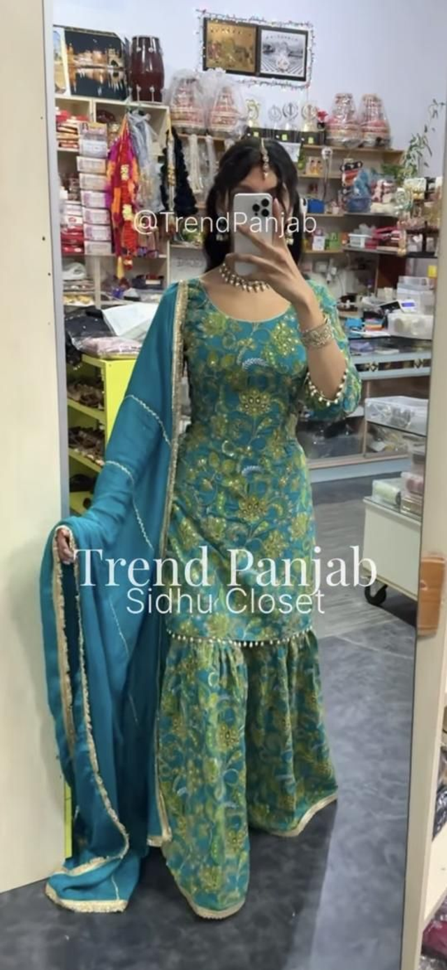 Peacock Blue Floral Embroidered Sharara Suit
