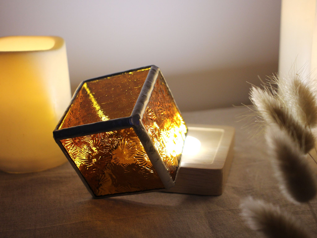 💡Mini Lampe nomade orange en vitrail et bois