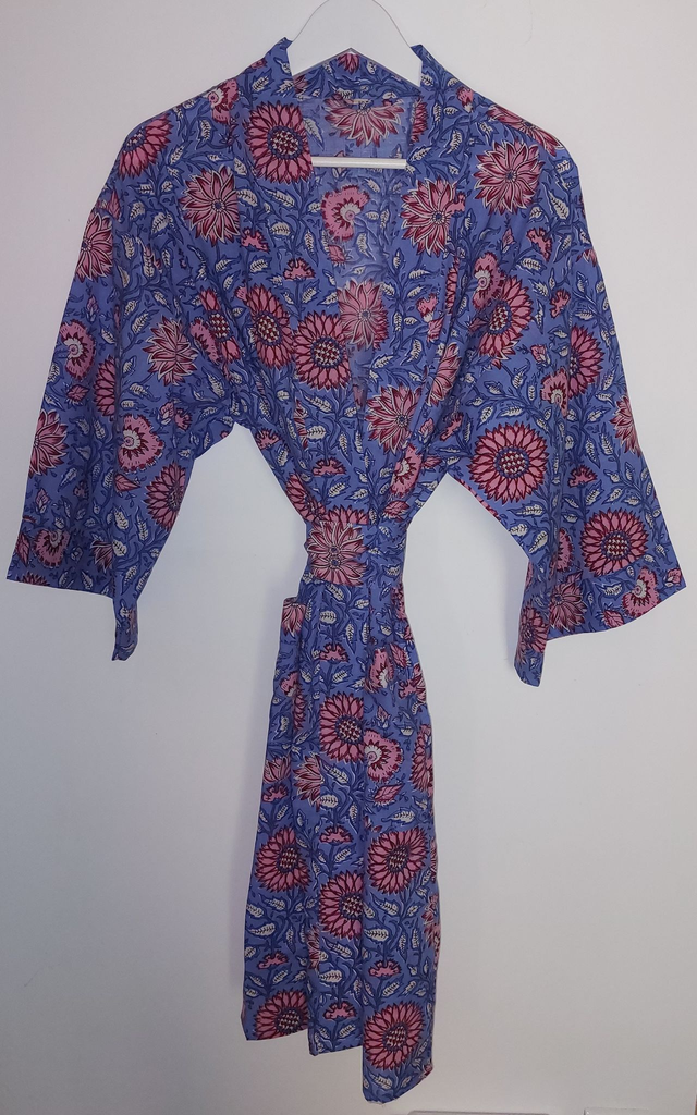 Robe kimono en coton, peignoir, robe de chambre, imprimé à la main, motif floral rose, bleu, rouge, blanc, L.100cm