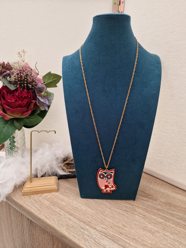 Collier Sautoir Doré Chouette Multicolore Strass