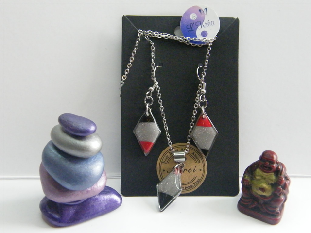 Losange Gris pailleté/Noir/Rouge