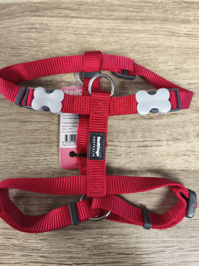 Harnais uni rouge   taille: 15mm    cou: 30-48cm    poitrail: 36-54cm