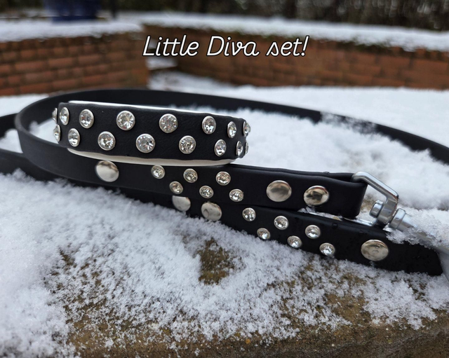 Black &amp; white 2 row crystal collar &amp; lead set to fit neck 10-13 ins