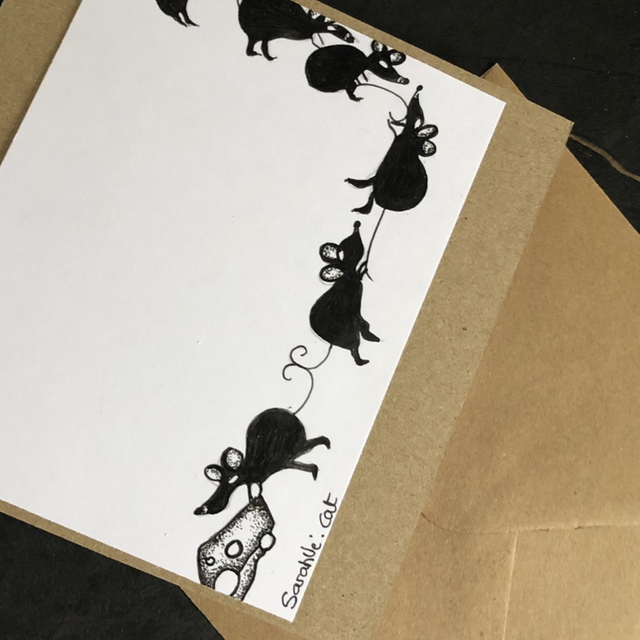 Carte - guirlande souris &amp; fromage - 13,5 x 13,5 cm - enveloppe kraft