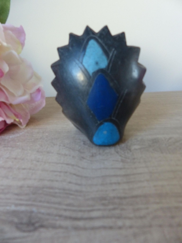 Figurine Chouette Mexicaine Vintage – Poterie en Argile Bleue et Noire, Sculpture Rare des Années 70