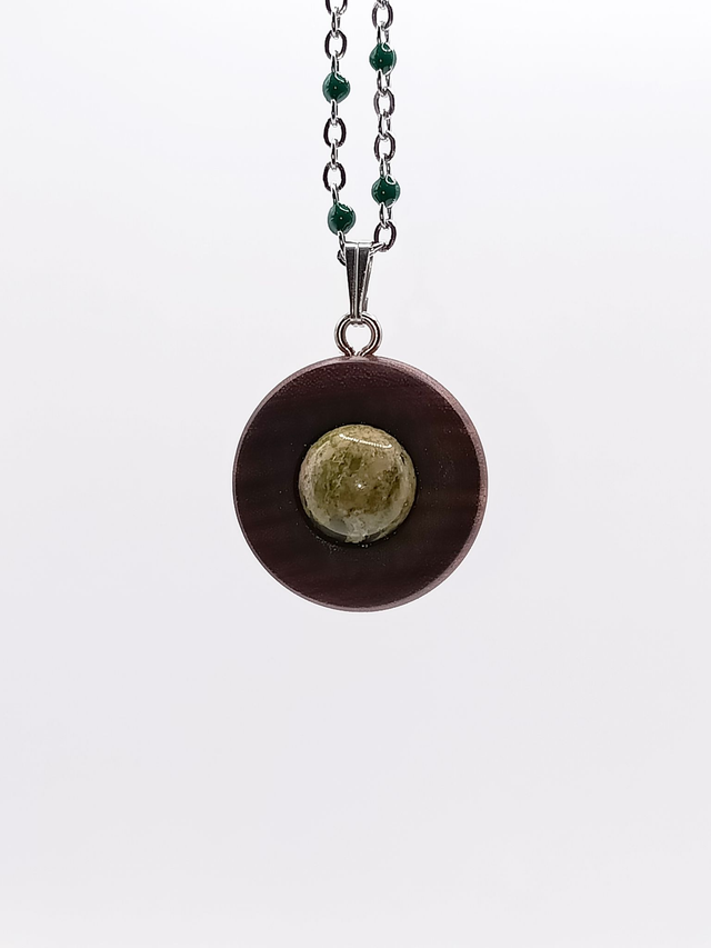 Collier, pendentif bois de Palissandre Santo, Cœur Unakite