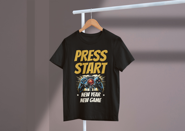 Press Start New Year New Game, Gaming Motivation Vintage. Drücken Sie Start Neues Jahr Neues Spiel, Gaming-Motivation Vintage