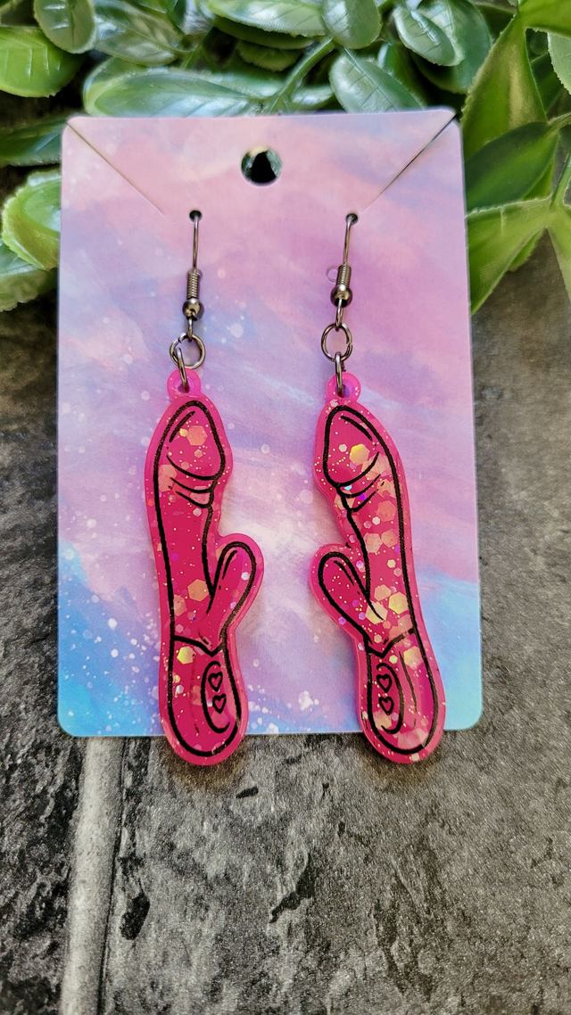 Earrings | Bright Pink Glitter Rabbit Vibrator Earrings | Stainless Steel Hooks