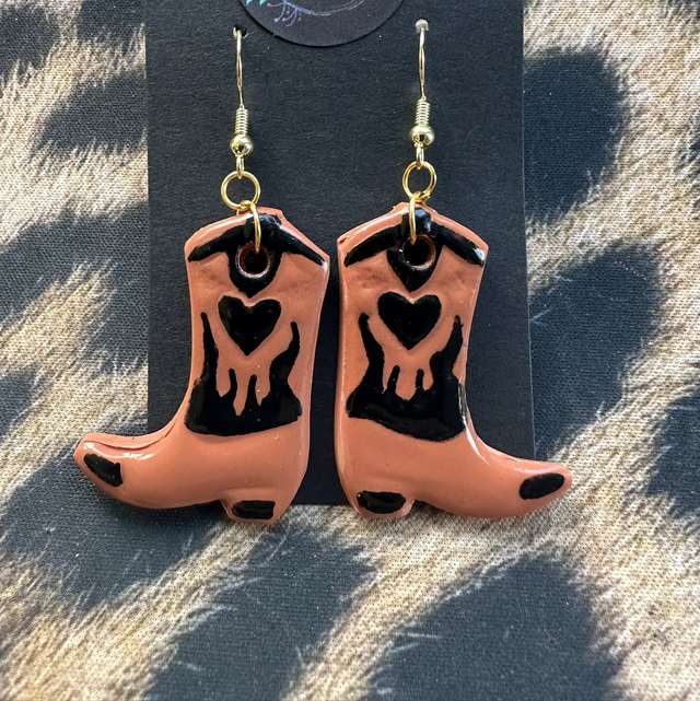 Tan and Black Polymer Clay Cowboy Boot Earrings