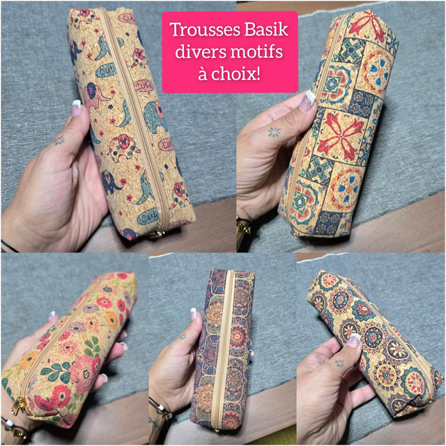 Trousse allongée Basik en tissu de liège imprimé (à choix)