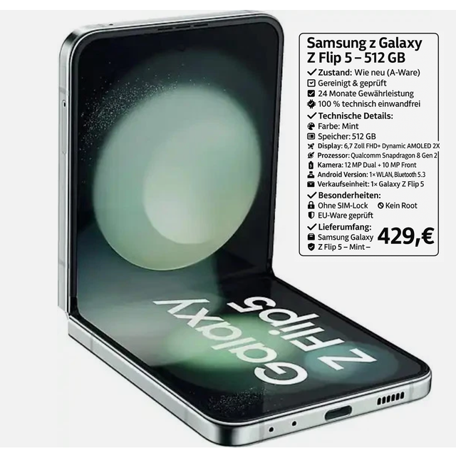 Samsung Galaxy Z Flip 5 – Mint – 512 GB  Wie neu (A-Ware)  