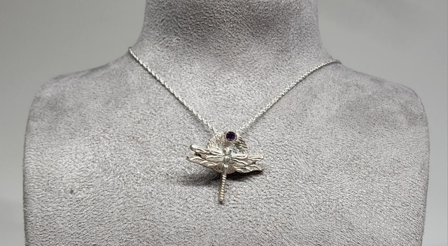 Dragonfly fine silver pendant with amethyst cubic zirconia