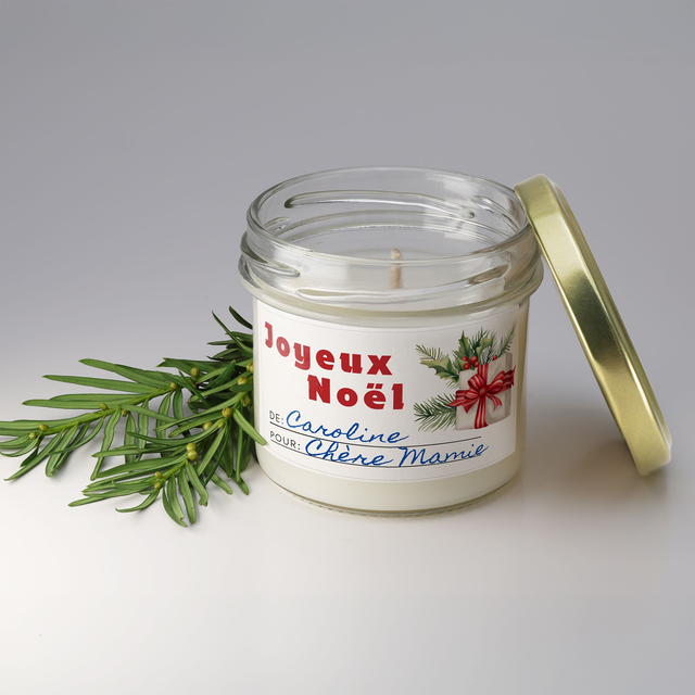 Bougie artisanale parfumée en cire de soja avec étiquette personnalisée - Cadeau pour Noël, Nouvel An, Fêtes de fin d'année, 100g (CJN08)