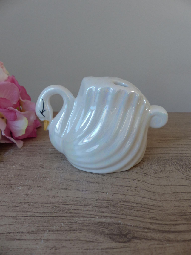 Porte-brosse à dents vintage en céramique blanche irisée en forme de cygne – décoration salle de bain, pot à crayons ou pinceaux élégant