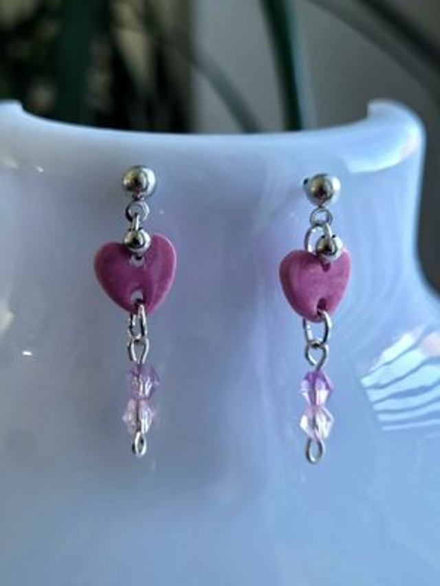 Drop earrings - hand-crafted mini pink heart design