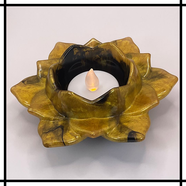 Handmade Resin Lotus Flower Tealight Holder – Black &amp; Gold | Decorative Mindfulness Home Décor - LTH-019