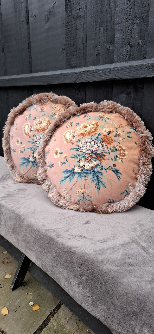 Floral printed velvet circular cushion, with silky fringe 18" diameter - Cover only
